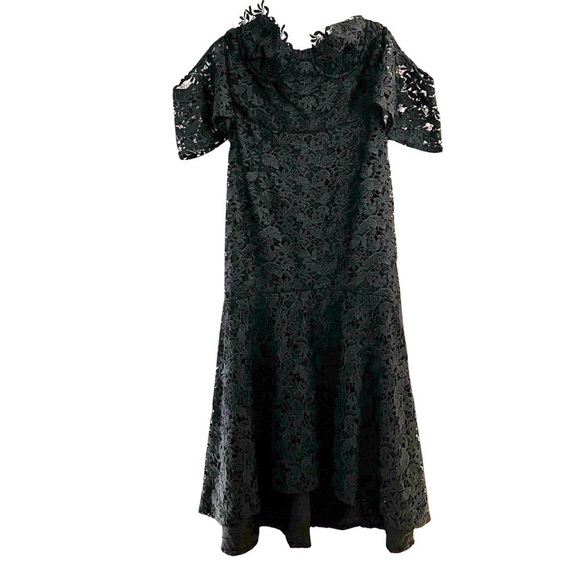 NWT SAU LEE Lace Off Shoulder Cocktail Black Asymmetric Midi Dress Sz 4 - Picture 2 of 9
